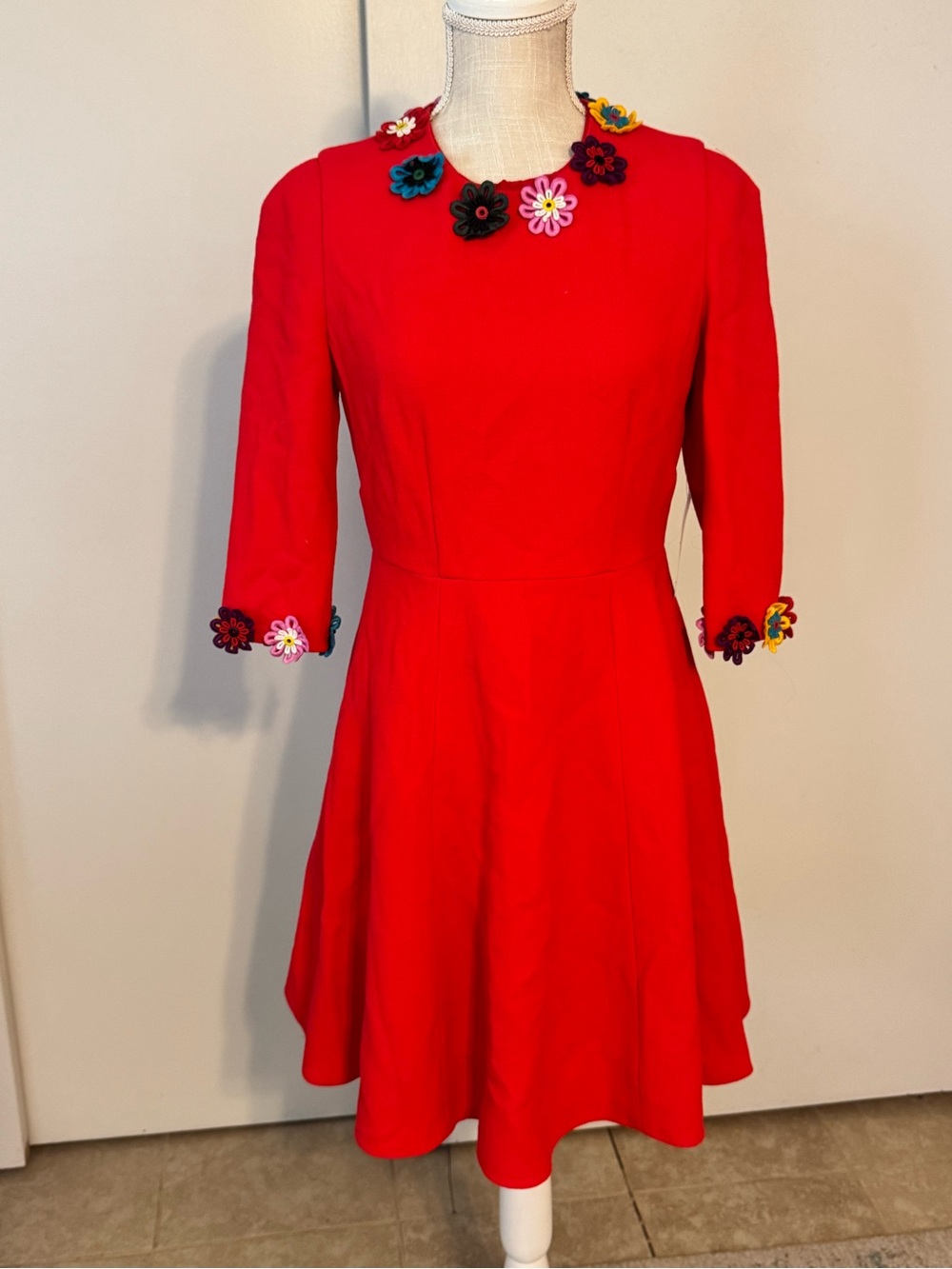 Bright Red Midi Dress with Floral Trim